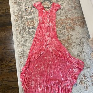 Tiare Hawaii Riviera Maxi dress in pink and white tie dye hi lo dress, OS.